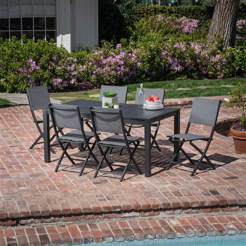 Hanover - Naples 7pc: 6 Aluminum Sling Folding Chairs, 63x35" Aluminum Slat Table - Gray/Gray-United Backyard