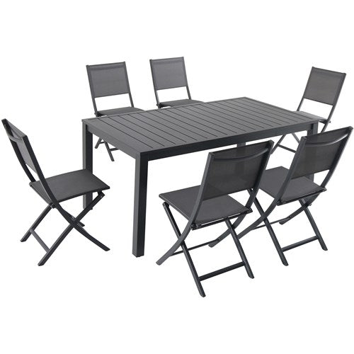 Hanover - Naples 7pc: 6 Aluminum Sling Folding Chairs, 63x35" Aluminum Slat Table - Gray/Gray-United Backyard