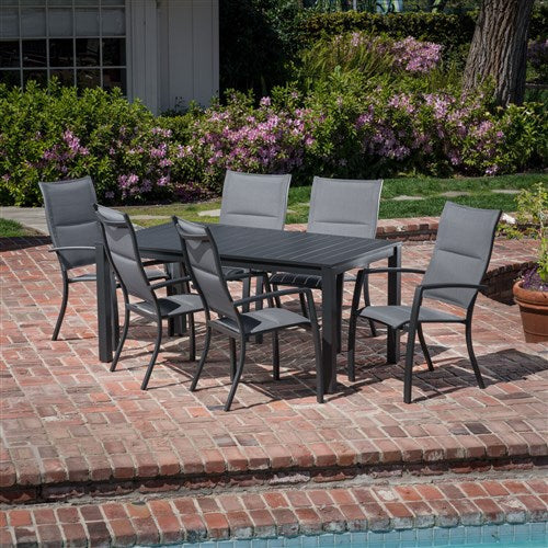 Hanover - Naples 7pc: 6 High Back Padded Sling Chairs, 63x35" Aluminum Slat Table - Gray/Gray-United Backyard