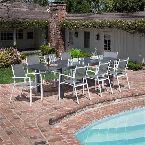 Hanover - Naples 9pc: 8 Aluminum Sling Chairs, Aluminum Extension Table - White/Gray-United Backyard