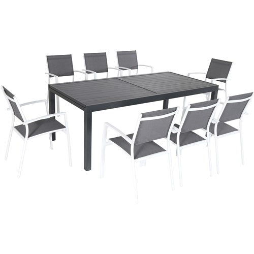 Hanover - Naples 9pc: 8 Aluminum Sling Chairs, Aluminum Extension Table - White/Gray-United Backyard