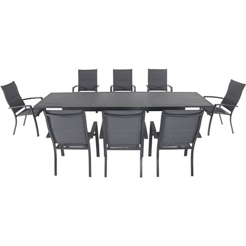 Hanover - Naples 9pc: 8 High Back Padded Sling Chairs, Aluminum Extension Table - Gray/Gray-United Backyard