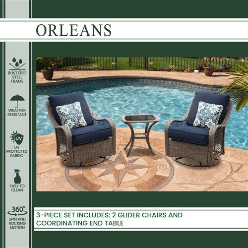 Hanover - Orleans 3pc Seating Set: 2 Swivel Gliders, 1 Side Table - Gray/Navy-United Backyard