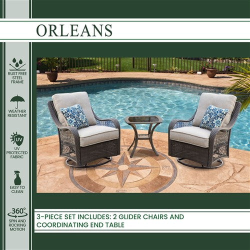 Hanover - Orleans 3pc Seating Set: 2 Swivel Gliders, 1 Side Table - Gray/Silver-United Backyard