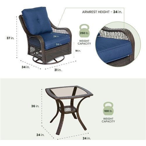 Hanover - Orleans 3pc Seating Set: 2 Swivel Gliders, Side Table - Brown/Navy-United Backyard