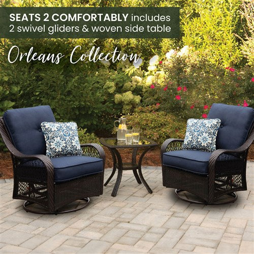 Hanover - Orleans 3pc Seating Set: 2 Swivel Gliders, Side Table - Brown/Navy-United Backyard