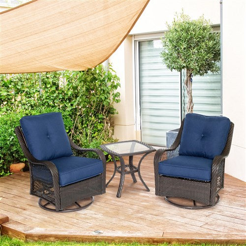 Hanover - Orleans 3pc Seating Set: 2 Swivel Gliders, Side Table - Brown/Navy-United Backyard