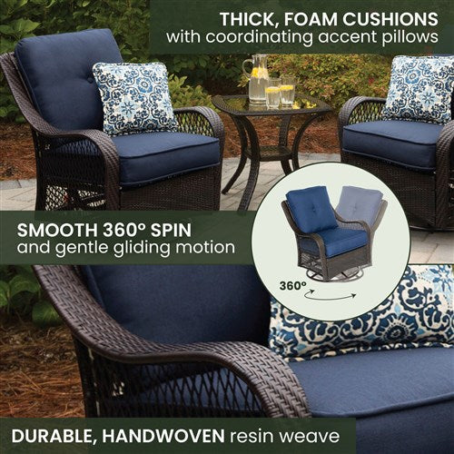 Hanover - Orleans 3pc Seating Set: 2 Swivel Gliders, Side Table - Brown/Navy-United Backyard