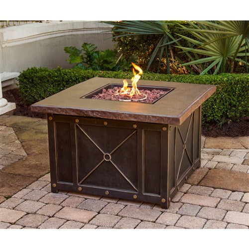 Hanover - Orleans 4pc Fire Pit: Sofa, 2 Swivel Gliders, and Durastone Fire Pit - Berry/Bronze-United Backyard