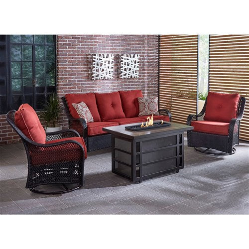 Hanover - Orleans 4pc Fire Pit:2 Swivel Gliders, Sofa, Rectangle KD Fire Pit w/Tile - Berry/Tile-United Backyard