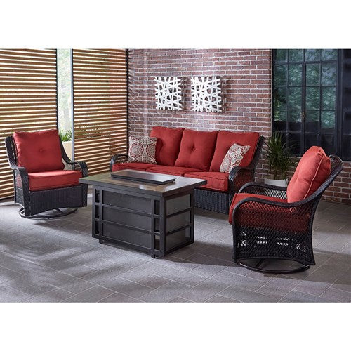 Hanover - Orleans 4pc Fire Pit:2 Swivel Gliders, Sofa, Rectangle KD Fire Pit w/Tile - Berry/Tile-United Backyard