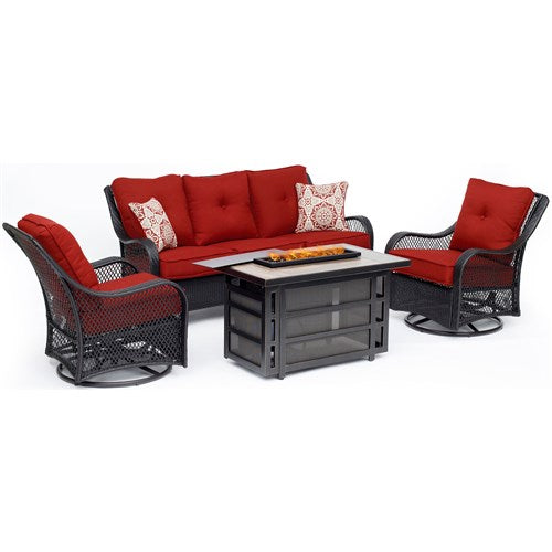 Hanover - Orleans 4pc Fire Pit:2 Swivel Gliders, Sofa, Rectangle KD Fire Pit w/Tile - Berry/Tile-United Backyard