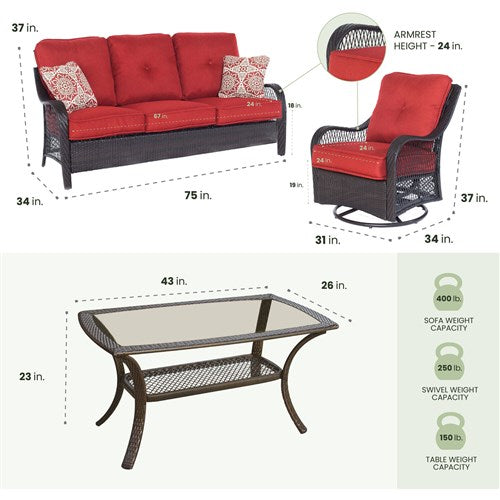 Hanover - Orleans 4pc Seating Set: 2 Swivel Gliders, Sofa, Coffee Table - Brown/Berry-United Backyard