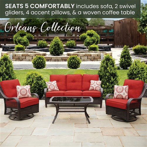 Hanover - Orleans 4pc Seating Set: 2 Swivel Gliders, Sofa, Coffee Table - Brown/Berry-United Backyard