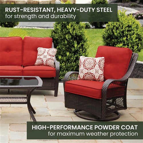 Hanover - Orleans 4pc Seating Set: 2 Swivel Gliders, Sofa, Coffee Table - Brown/Berry-United Backyard