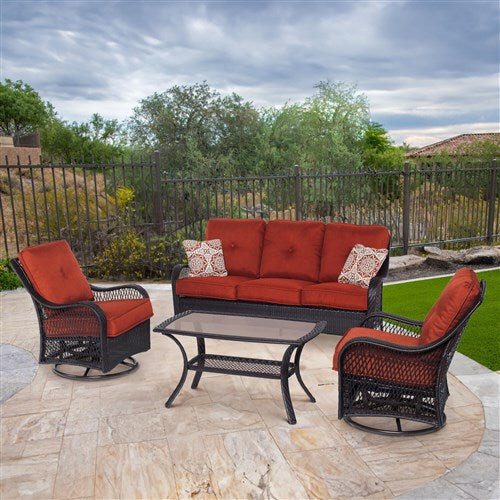 Hanover - Orleans 4pc Seating Set: 2 Swivel Gliders, Sofa, Coffee Table - Brown/Berry-United Backyard