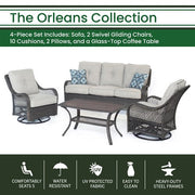 Hanover - Orleans 4pc Seating Set: 2 Swivel Gliders, Sofa, Coffee Table - Gray/Silver-United Backyard