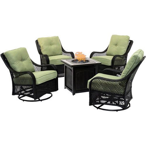 Hanover - Orleans 5pc: 4 Swivel Gliders and 26" Square Fire Pit - Green/Bronze-United Backyard