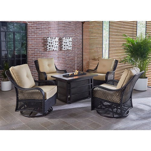 Hanover - Orleans 5pc Fire Pit: 4 Swivel Gliders, Rectangle KD Fire Pit w/Tile - Tan/Tile-United Backyard