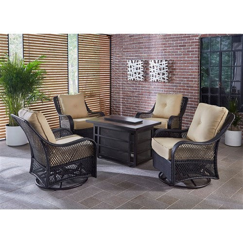 Hanover - Orleans 5pc Fire Pit: 4 Swivel Gliders, Rectangle KD Fire Pit w/Tile - Tan/Tile-United Backyard