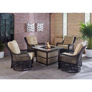 Hanover - Orleans 5pc Fire Pit: 4 Swivel Gliders, Square KD Fire Pit w/Tile - Tan/Tile-United Backyard