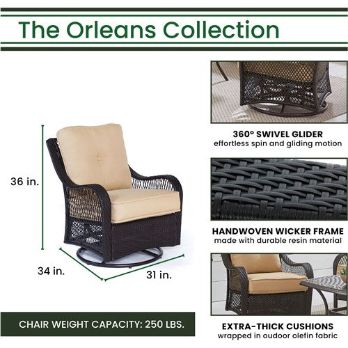 Hanover - Orleans 5pc Fire Pit: 4 Swivel Gliders, Square KD Fire Pit w/Tile - Tan/Tile-United Backyard