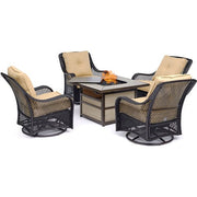 Hanover - Orleans 5pc Fire Pit: 4 Swivel Gliders, Square KD Fire Pit w/Tile - Tan/Tile-United Backyard