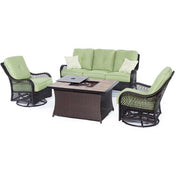 Hanover - Orleans FP Seating Set: 2 Swivel Gliders, Sofa, FP Comfortable w/Porcelain Tile - Brown/Green-United Backyard
