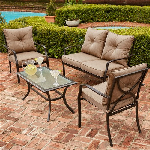 Hanover - Palm Bay 4pc Steel Seating Set: Loveseat, 2 Side Chairs, Coffee Table - Steel/Tan-United Backyard