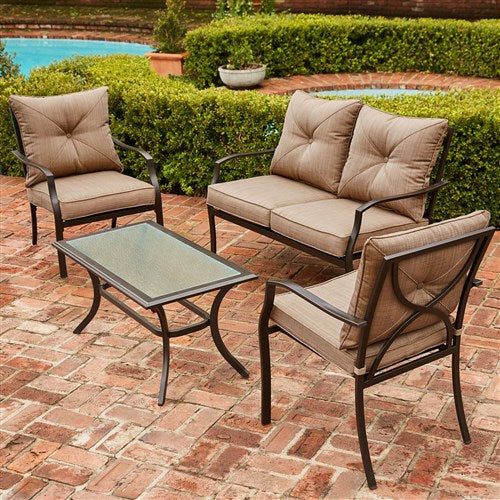 Hanover - Palm Bay 4pc Steel Seating Set: Loveseat, 2 Side Chairs, Coffee Table - Steel/Tan-United Backyard