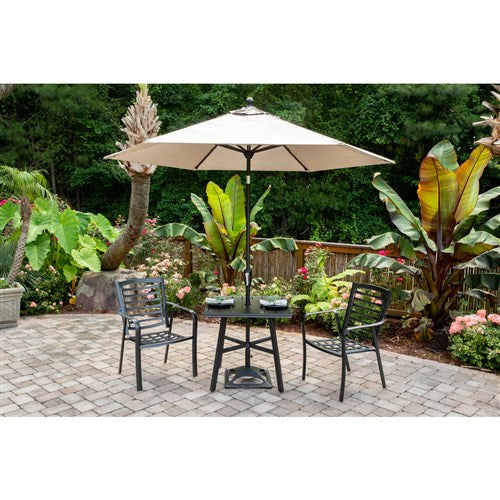 Hanover - Pemberton 3pc: 2 Alum Dining Chairs w/ Cushion and 1 30" Square Slat Table - Cast Ash/Gunmetal-United Backyard