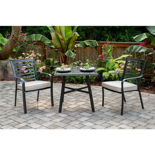 Hanover - Pemberton 3pc: 2 Alum Dining Chairs w/ Cushion and 1 30" Square Slat Table - Cast Ash/Gunmetal-United Backyard