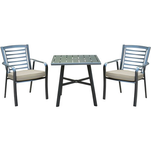Hanover - Pemberton 3pc: 2 Alum Dining Chairs w/ Cushion and 1 30" Square Slat Table - Cast Ash/Gunmetal-United Backyard