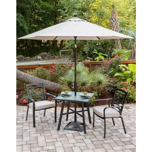 Hanover - Pemberton 3pc: 2 Aluminum Dining Chairs w/ Cushion and 1 30" Square Glass Table - Cast Ash/Gunmetal-United Backyard