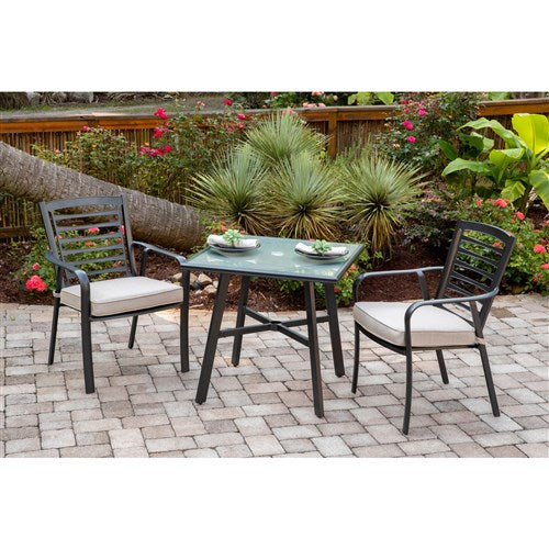 Hanover - Pemberton 3pc: 2 Aluminum Dining Chairs w/ Cushion and 1 30" Square Glass Table - Cast Ash/Gunmetal-United Backyard