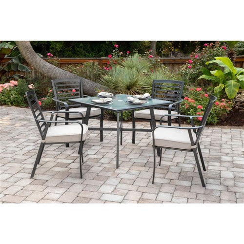 Hanover - Pemberton 5pc: 4 Alum Dining Chairs w/ Cushion and 1 38" Sq Glass Table- Cast Ash/Gunmetal-United Backyard