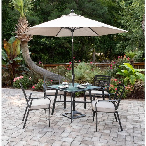 Hanover - Pemberton 5pc: 4 Alum Dining Chairs w/ Cushion and 1 38" Sq Glass Table- Cast Ash/Gunmetal-United Backyard