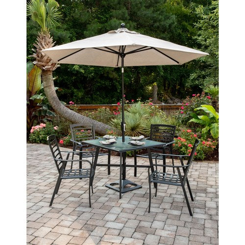 Hanover - Pemberton 5pc: 4 Alum Dining Chairs w/ Cushion and 1 38" Sq Glass Table- Cast Ash/Gunmetal-United Backyard