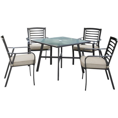 Hanover - Pemberton 5pc: 4 Alum Dining Chairs w/ Cushion and 1 38" Sq Glass Table- Cast Ash/Gunmetal-United Backyard