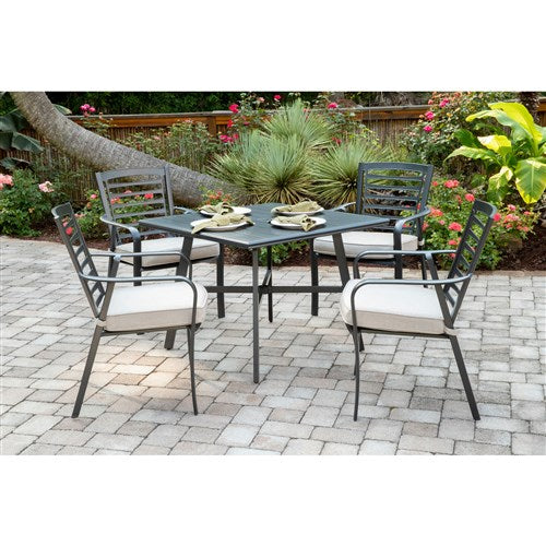Hanover - Pemberton 5pc: 4 Alum Dining Chairs w/ Cushion and 1 38" Sq Slat Table - Cast Ash/Gunmetal-United Backyard