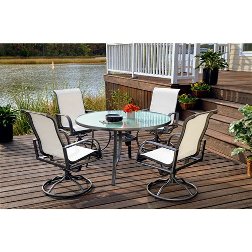 Hanover - Phoenix 5pc: 4 Alum Sling Swivel Rockers, 48" Round Glass Dining Table - White/Grey-United Backyard