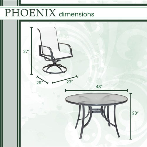 Hanover - Phoenix 5pc: 4 Alum Sling Swivel Rockers, 48" Round Glass Dining Table - White/Grey-United Backyard