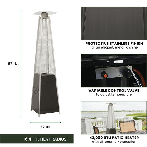 Hanover - Pyramid Flame Glass patio heater, 7" tall, propane, 42,000 BTU with Cover - Black/Tan-United Backyard