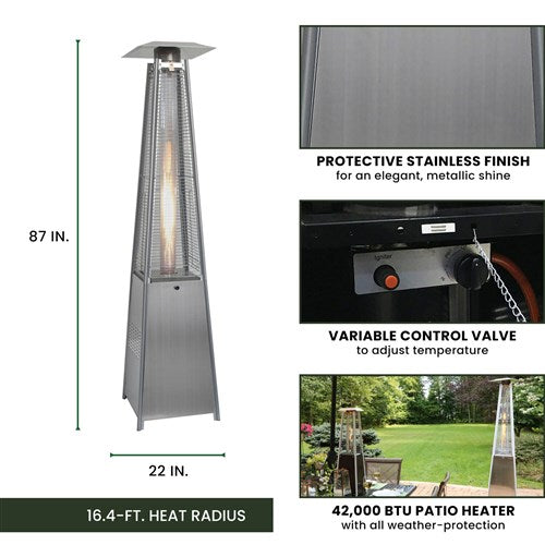 Hanover - Pyramid Flame Glass patio heater, 7" tall, propane, 42,000 BTU with Cover - Stainless Steel/Tan-United Backyard