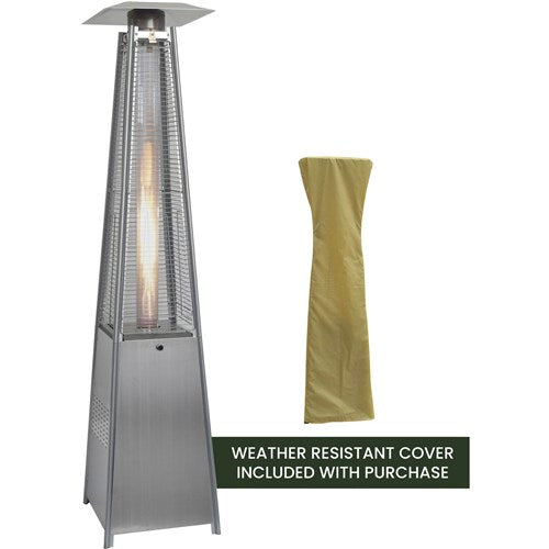 Hanover - Pyramid Flame Glass patio heater, 7" tall, propane, 42,000 BTU with Cover - Stainless Steel/Tan-United Backyard