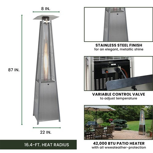 Hanover - Pyramid Patio Heater, 7' Tall, Propane Flame Glass, 42,000 BTU - Stainless-United Backyard