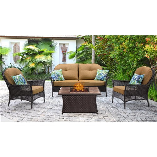Hanover - San Marino 4pc Fire Pit Set with Tan Tile Top - Brown/Tan-United Backyard