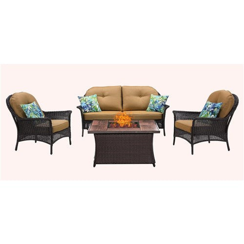 Hanover - San Marino 4pc Fire Pit Set with Wood Grain Tile Top - Brown/Tan-United Backyard