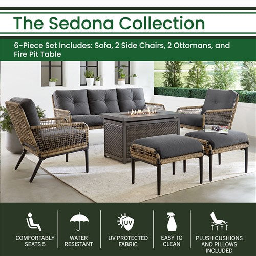 Hanover - Sedona 6pc Fire Pit Set: 2 Chairs, Sofa, 2 Ottomans, Slat Fire Pit - Tan/Charcoal-United Backyard