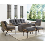 Hanover - Sedona 6pc Fire Pit Set: 2 Chairs, Sofa, 2 Ottomans, Slat Fire Pit - Tan/Charcoal-United Backyard